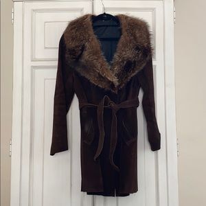 Vintage suede trench with fox fur collar